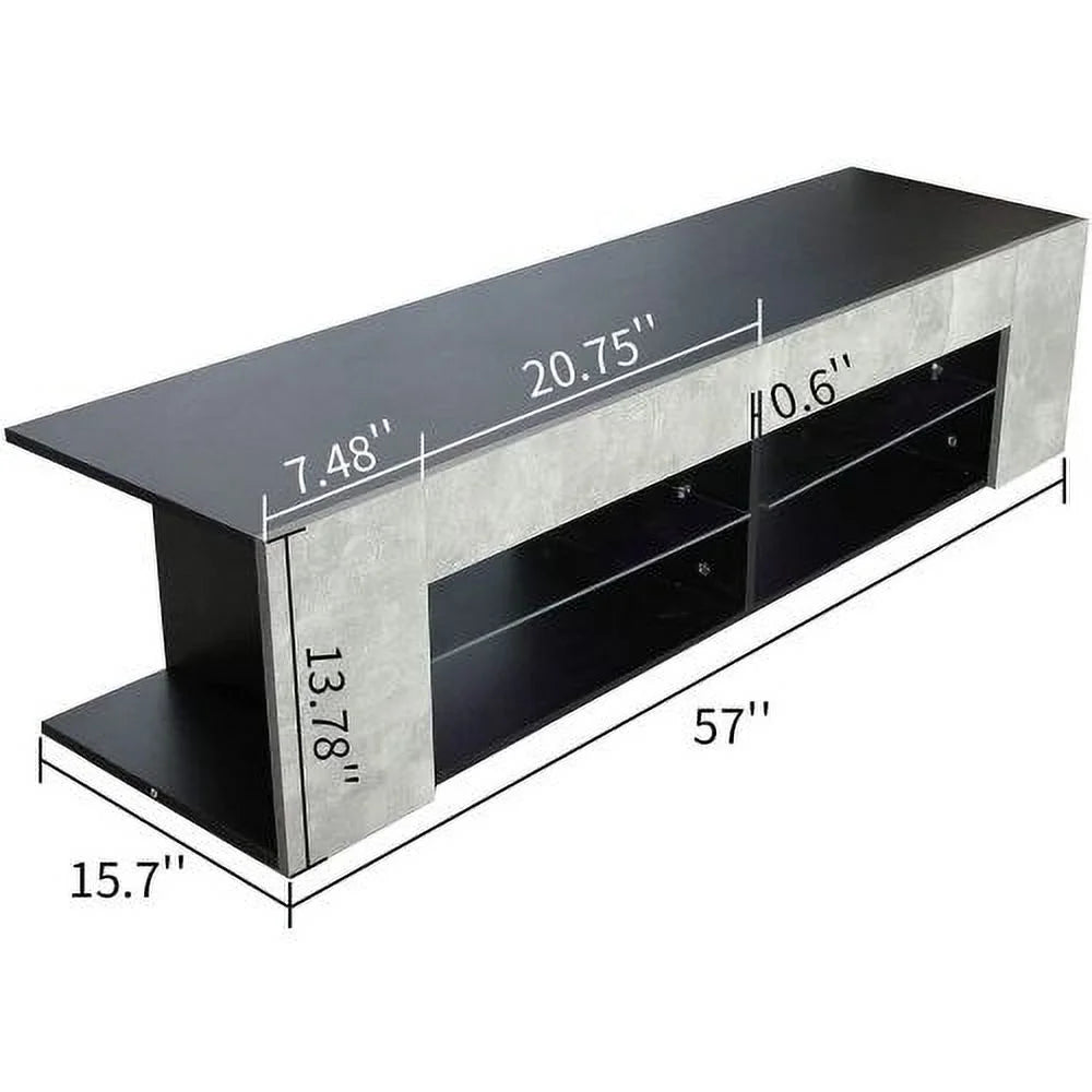 Black 57 Inch TV Stand with LED Lights and Glass Shelves L98453