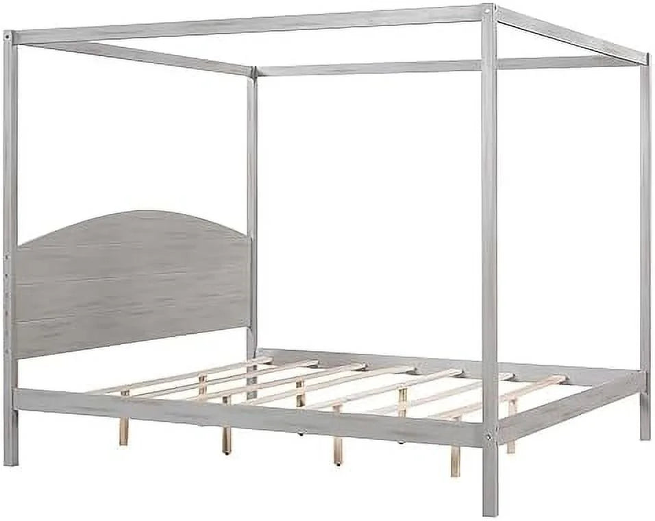 White Queen Size 4-Poster Wood Canopy Bed Frame with Headboard U704469