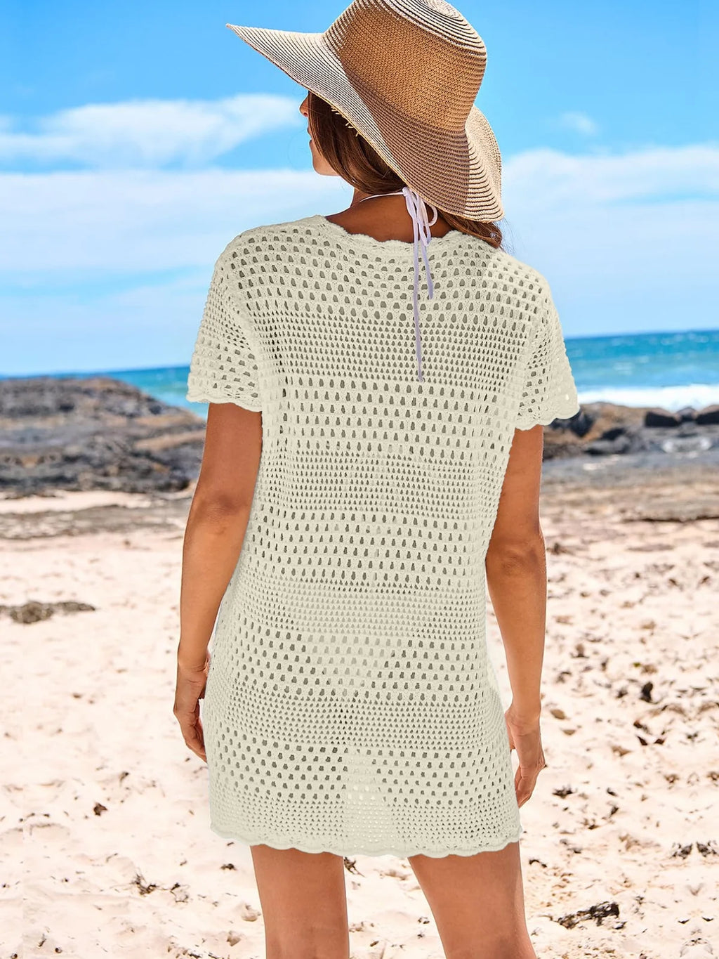 Crochet Hollow Out Knit Short Sleeve Beach Dress I5639