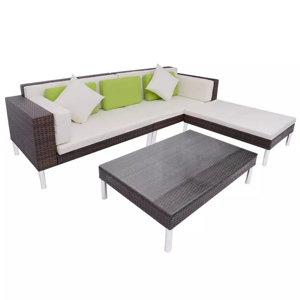 4 Piece Outdoor Conversation Set Cushioned Corner Sofa with Ottoman and Coffee Table Sectional Sofa Set Brown Poly Rattan H8079