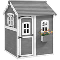 Gray Wooden Playhouse with Floor, Door, Windows & Planter Box O4539