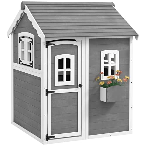 Gray Wooden Playhouse with Floor, Door, Windows & Planter Box O4539