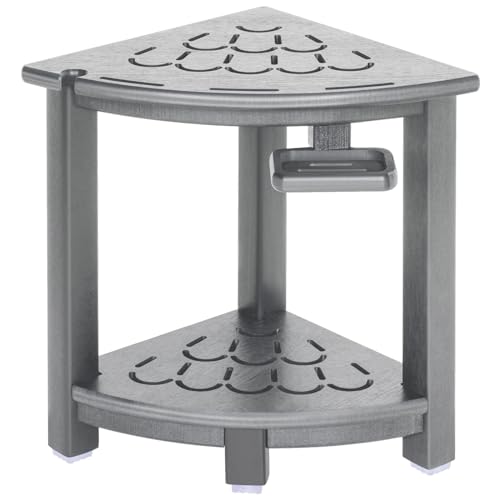 Black HDPE Corner Shower Stool with Storage Shelf and Adjustable Feet H77057