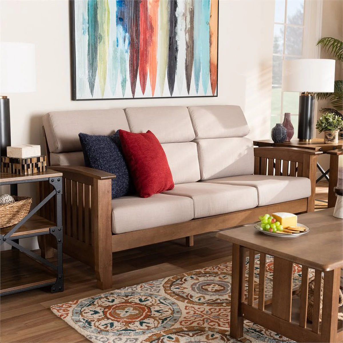 Modern Wood Fabric 3-Seater Sofa in Taupe Walnut Brown W249228