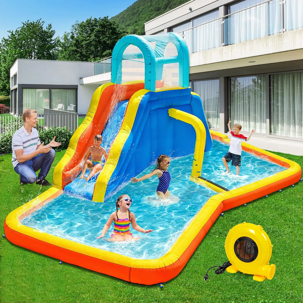 Inflatable Water Slide Park with Spray Pool, Bounce House with Climbing Wall and Blower M1620