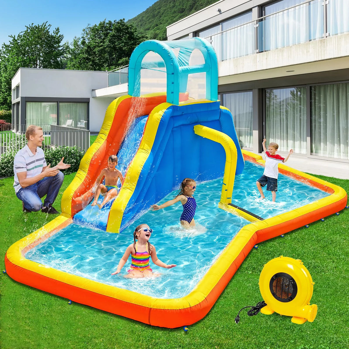 Inflatable Water Slide Park with Spray Pool, Bounce House with Climbing Wall and Blower M1620