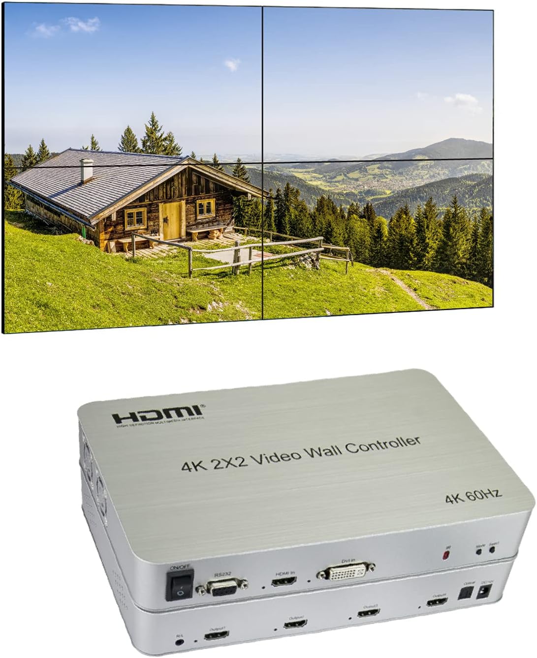 2x2 Video Wall Controller, 4K@60Hz, HDMI 2.0, HDCP 2.2, 90° Rotation, Edge Masking C438377