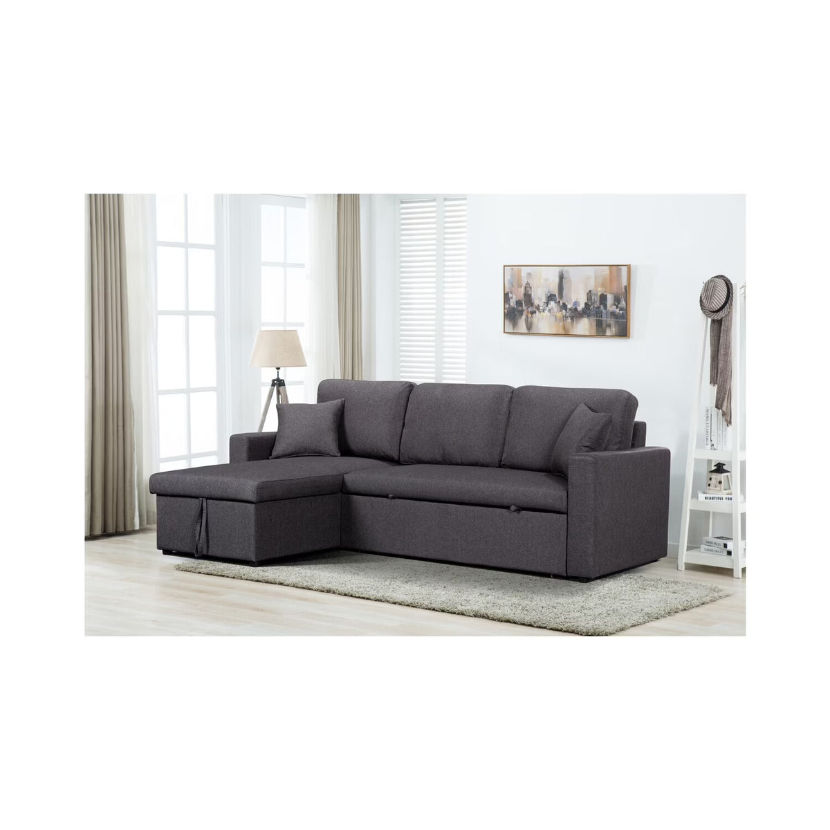 Antique Appeal Linen Fabric Reversible Sleeper Sectional Sofa With Storage Chaise B4053