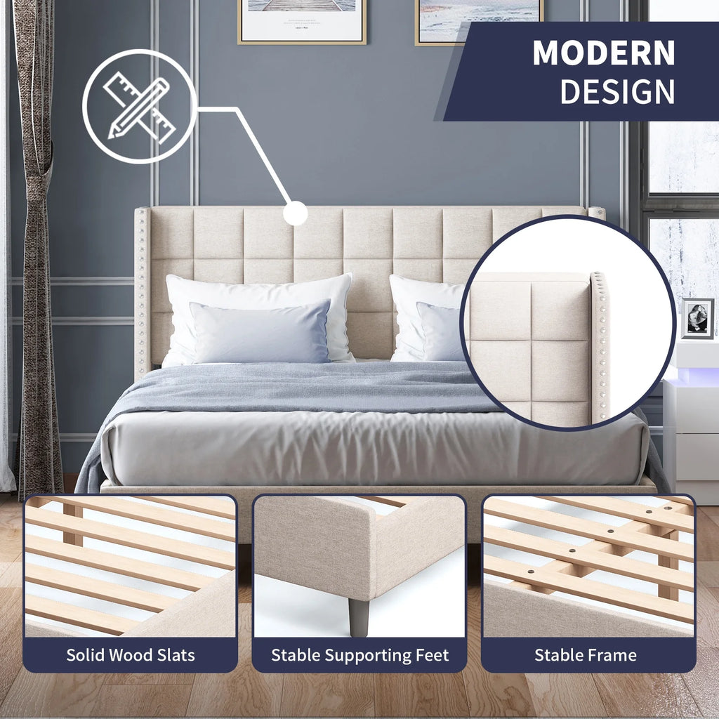 Velvet Wingback Headboard Queen Size Platform Bed Frame M7521
