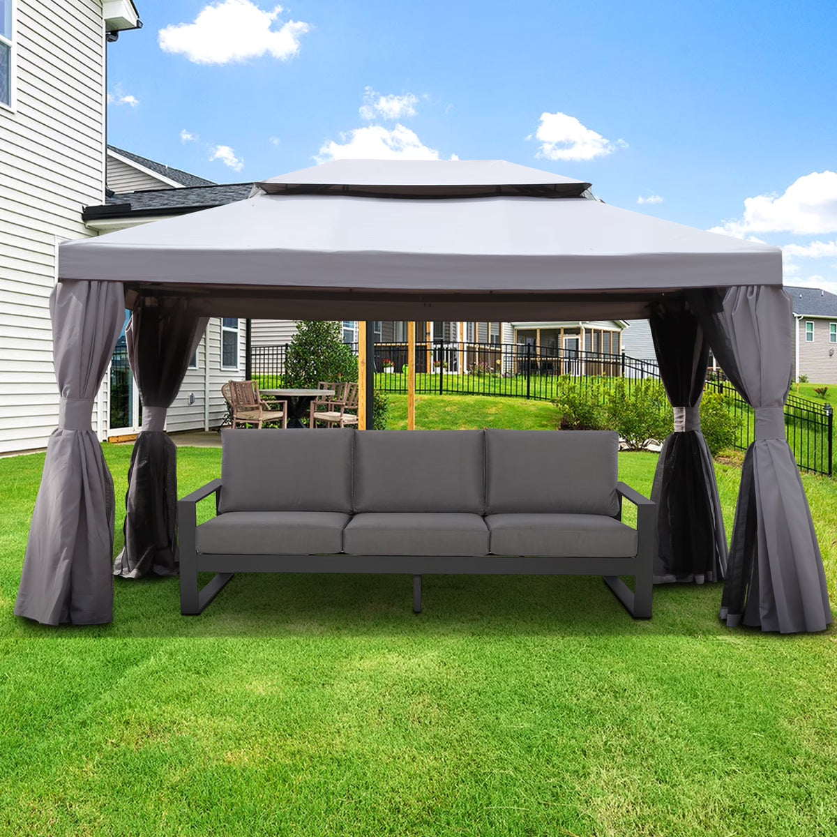 10'x13' Outdoor Double Vent Canopy Gazebo with Nettings and Curtains W844
