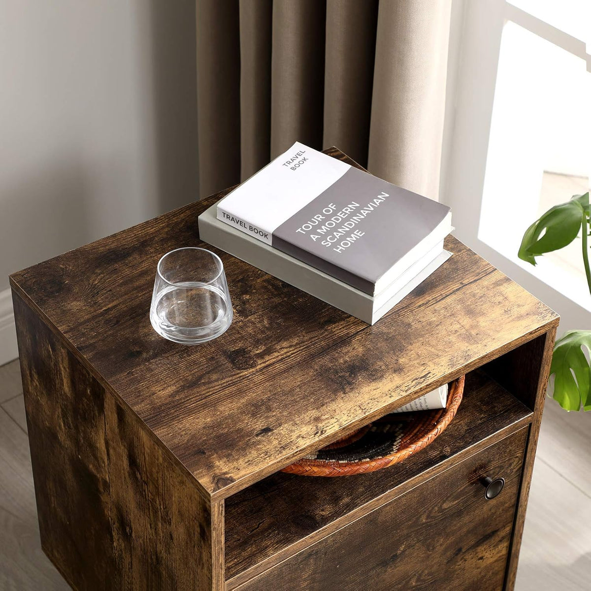 Rustic Brown Nightstand with Open Shelf and Cabinet G657375