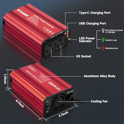 400W Power Inverter 12V DC to 110V AC with PD 65W USB-C & QC 18W Port T56517