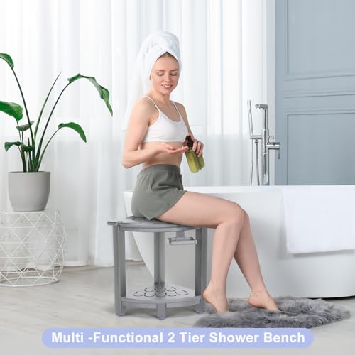 Black HDPE Corner Shower Stool with Storage Shelf and Adjustable Feet H77057