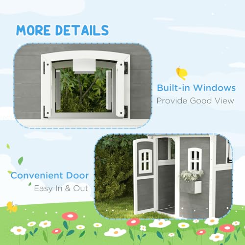Gray Wooden Playhouse with Floor, Door, Windows & Planter Box O4539