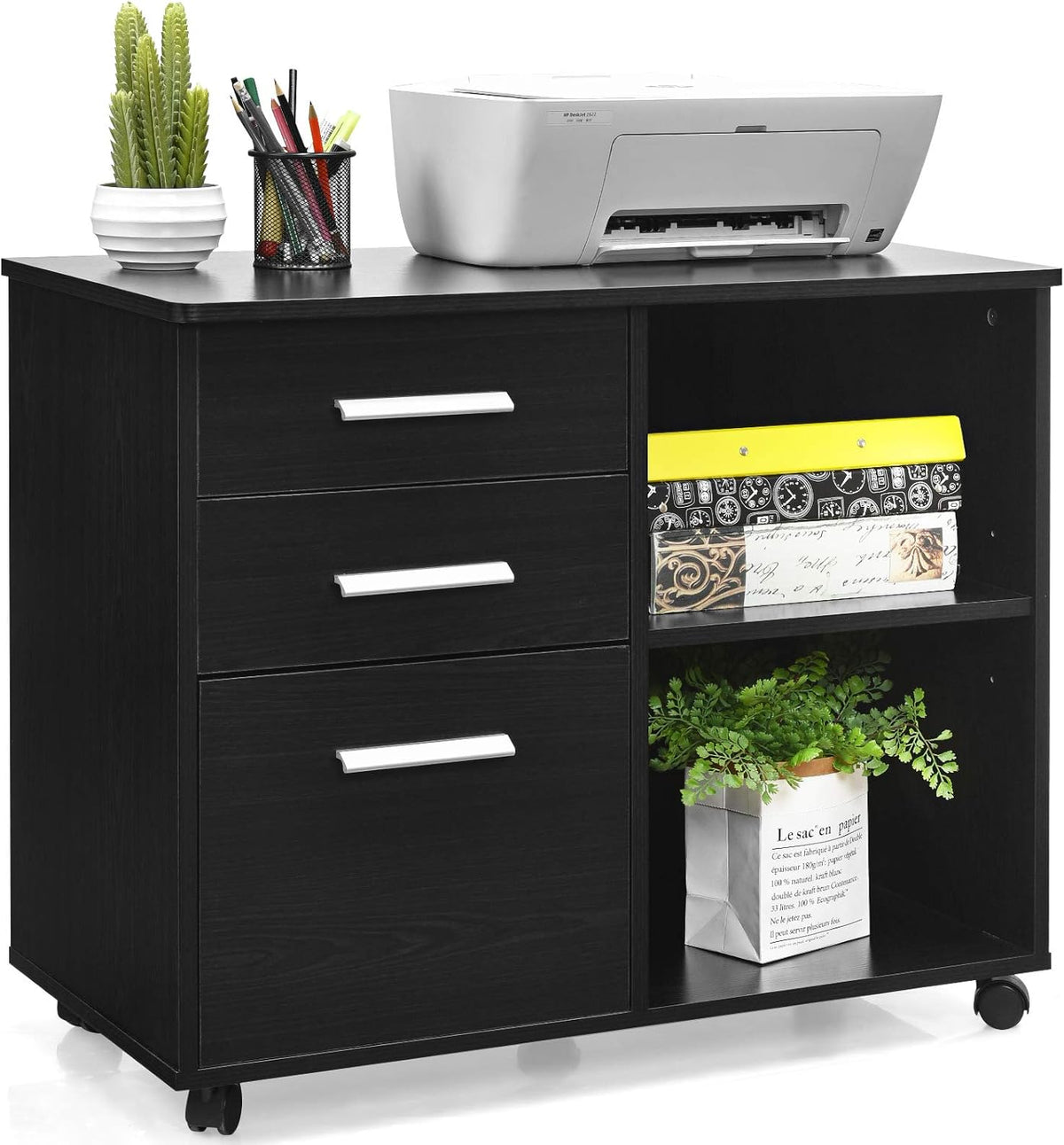 Black 3 Drawer Mobile File Cabinet with Wheels O705930