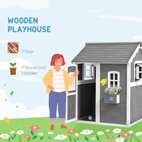 Gray Wooden Playhouse with Floor, Door, Windows & Planter Box O4539