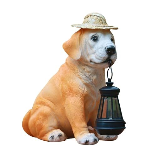 Resin Dog Statues with Straw Hat and Solar Led Lantern Q19478