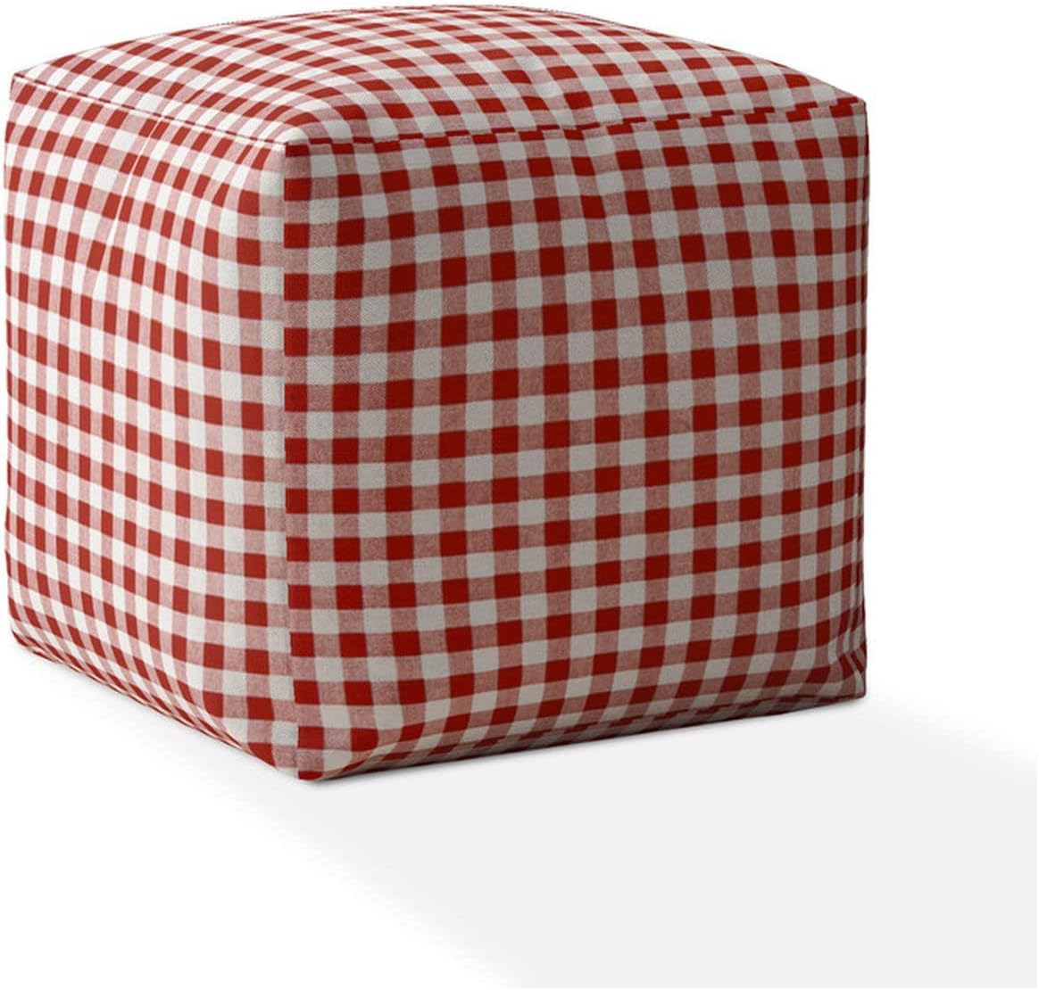 Red and White Cotton Gingham Pouf Ottoman A2785