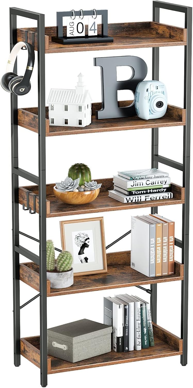 5 Tier Wood Bookshelf with 4 Hooks M372732