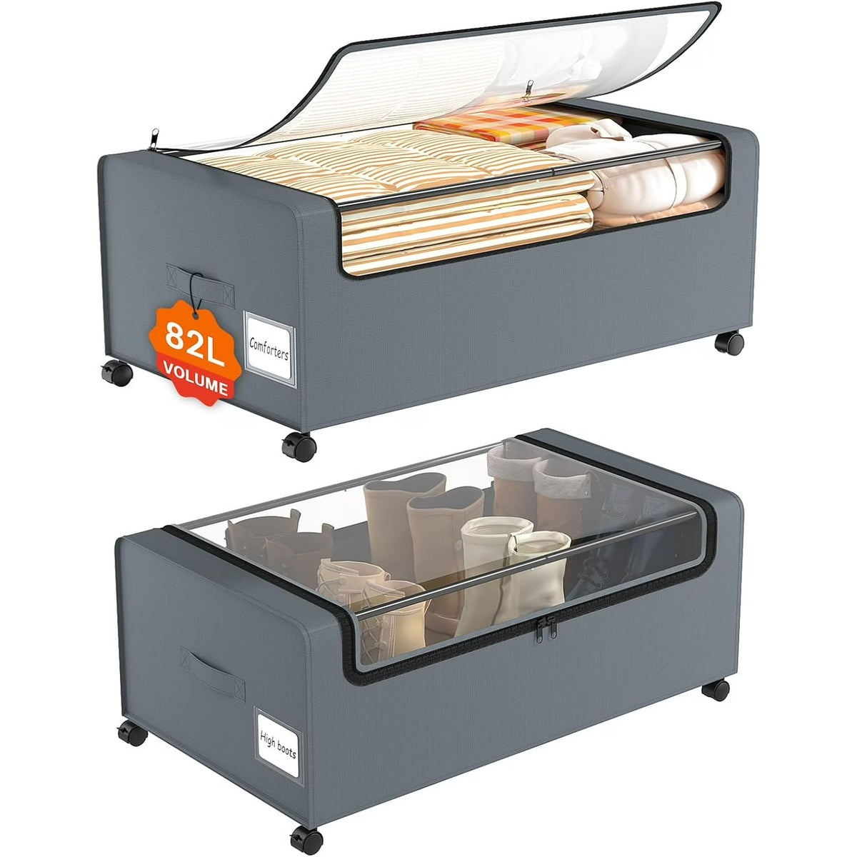 12 inch Under Bed Storage Bins with Clear Lid, Wheels, 2 Pack, Grey, 30.7x17.3x12 C2884
