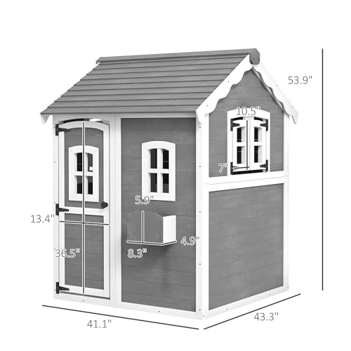 Gray Wooden Playhouse with Floor, Door, Windows & Planter Box O4539