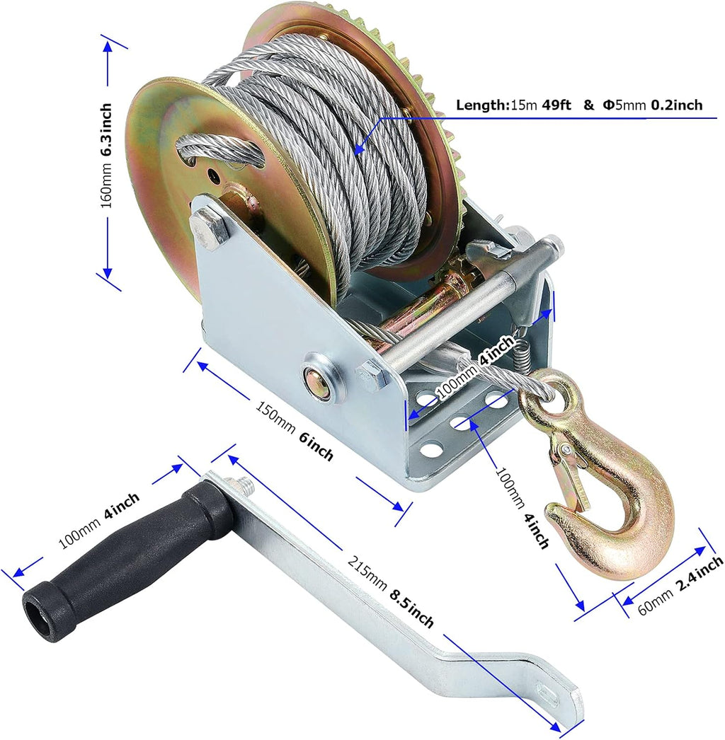 Heavy Duty Hand Winch with 49ft Steel Cable 1600lbs Capacity Pack of 2 K441