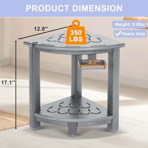 Black HDPE Corner Shower Stool with Storage Shelf and Adjustable Feet H77057