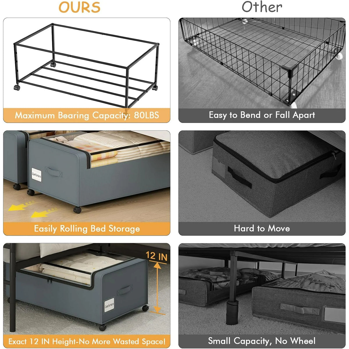 12 inch Under Bed Storage Bins with Clear Lid, Wheels, 2 Pack, Grey, 30.7x17.3x12 C2884