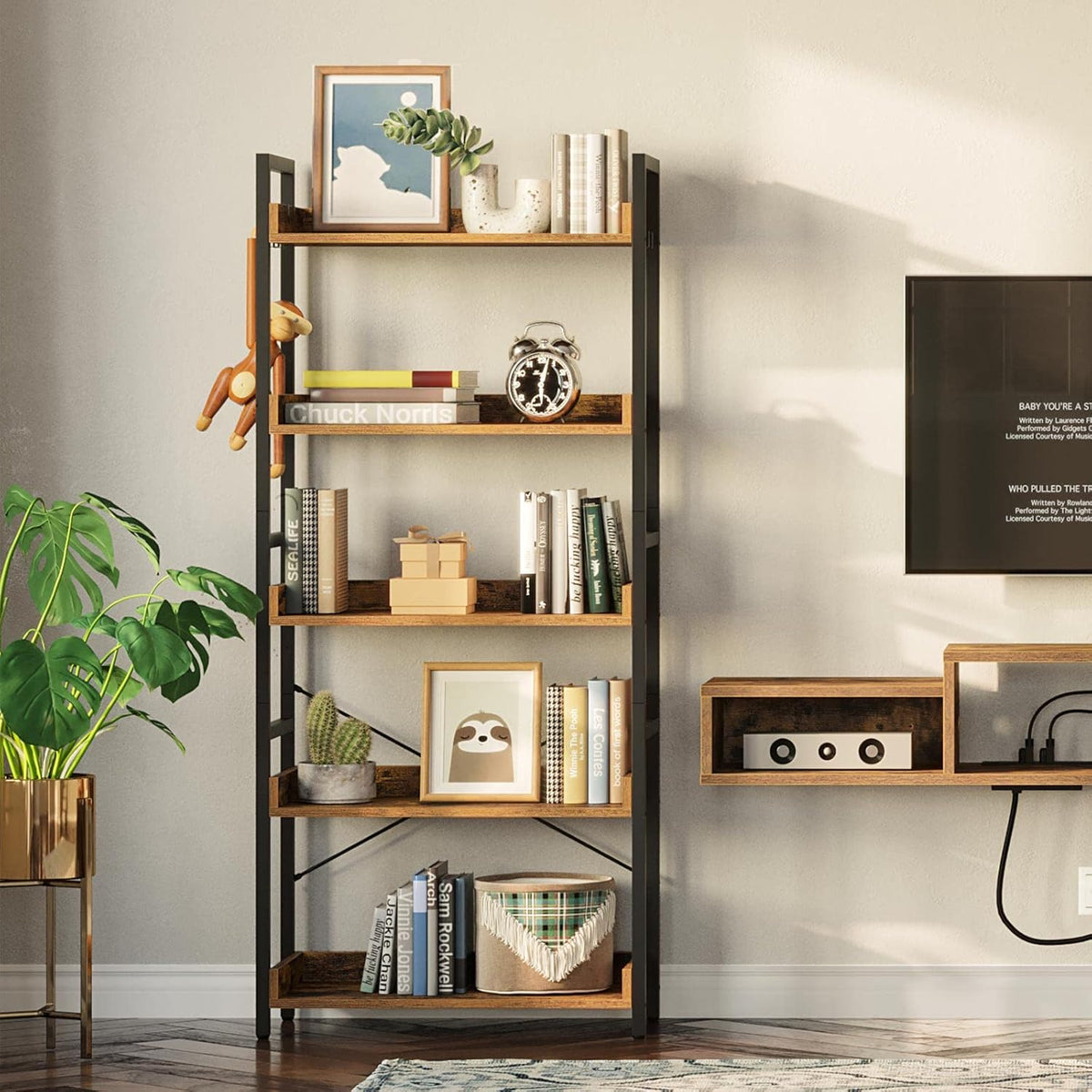 5 Tier Wood Bookshelf with 4 Hooks M372732