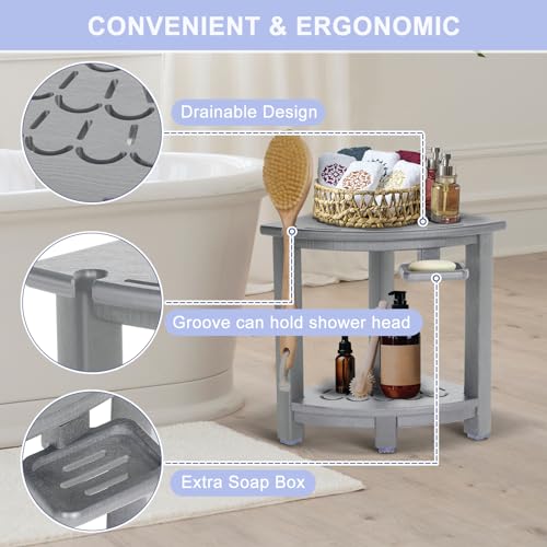 Black HDPE Corner Shower Stool with Storage Shelf and Adjustable Feet H77057
