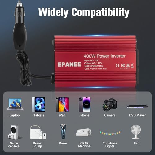 400W Power Inverter 12V DC to 110V AC with PD 65W USB-C & QC 18W Port T56517