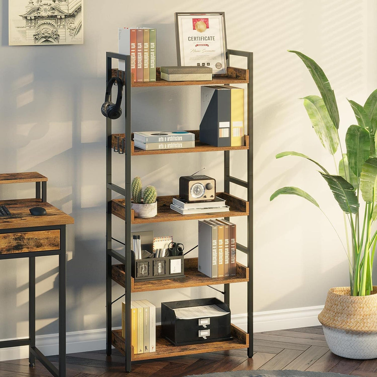5 Tier Wood Bookshelf with 4 Hooks M372732