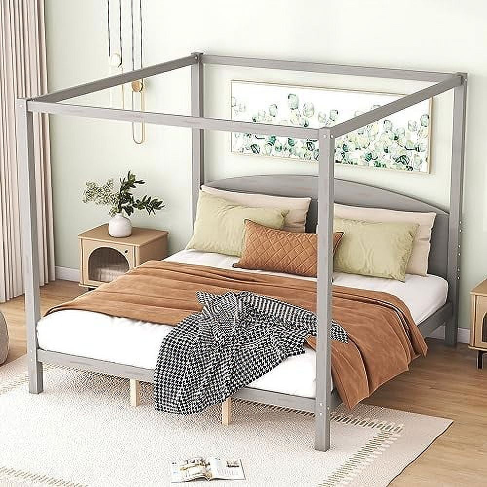 White Queen Size 4-Poster Wood Canopy Bed Frame with Headboard U704469