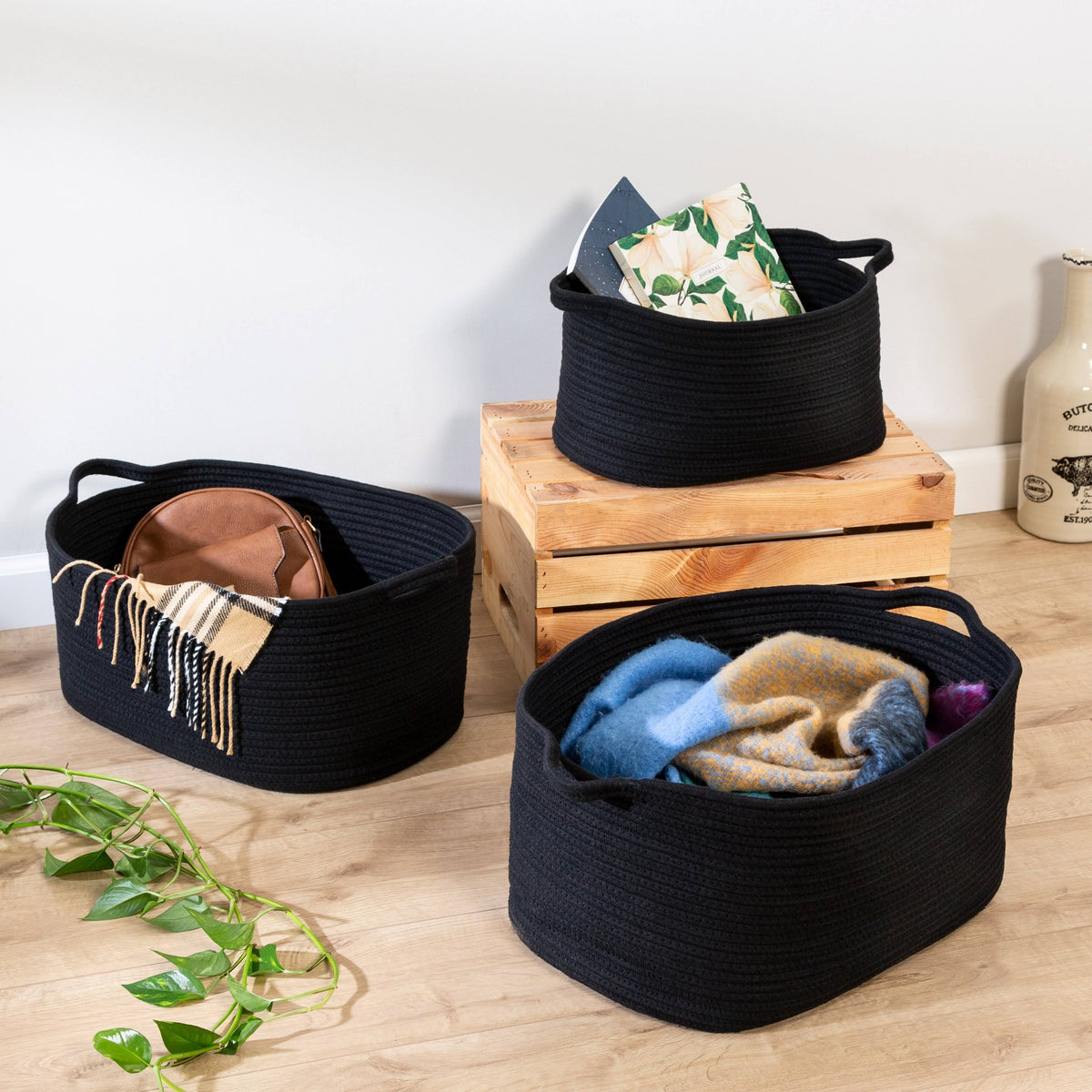 Black Cotton Coil Baskets Set of 3 E460230