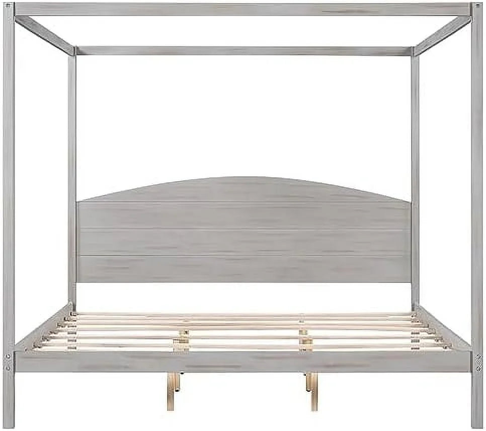 White Queen Size 4-Poster Wood Canopy Bed Frame with Headboard U704469