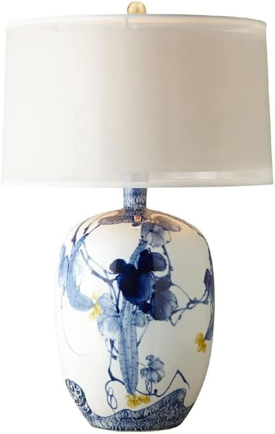 Blue and White Porcelain Table Lamp with Drum Shade P33135