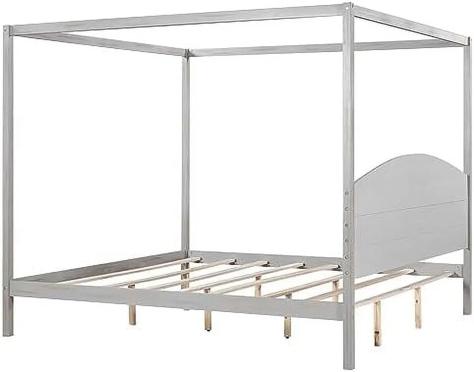 White Queen Size 4-Poster Wood Canopy Bed Frame with Headboard U704469
