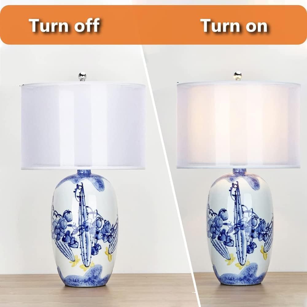 Blue and White Porcelain Table Lamp with Drum Shade P33135
