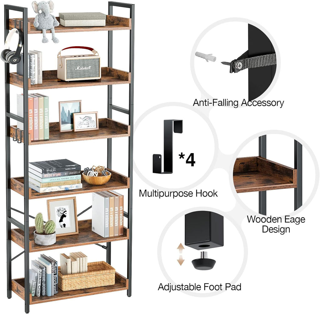 5 Tier Wood Bookshelf with 4 Hooks M372732