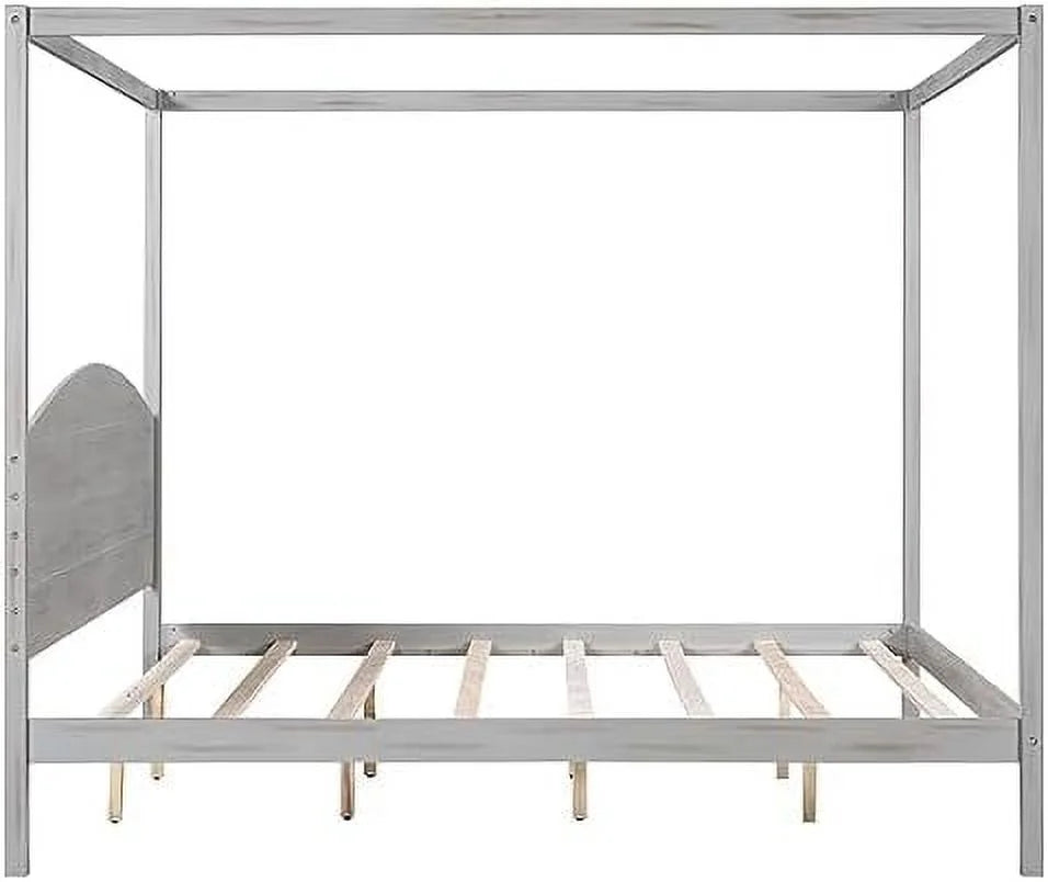 White Queen Size 4-Poster Wood Canopy Bed Frame with Headboard U704469