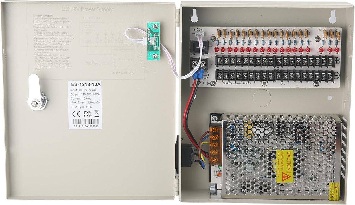 18 Channel DC12V 20 Amp Reset Fuse CCTV DC Distributed Power Box with AC Plug and Lock N988708