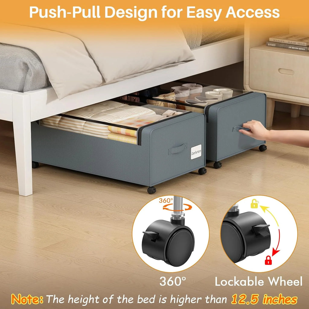 12 inch Under Bed Storage Bins with Clear Lid, Wheels, 2 Pack, Grey, 30.7x17.3x12 C2884