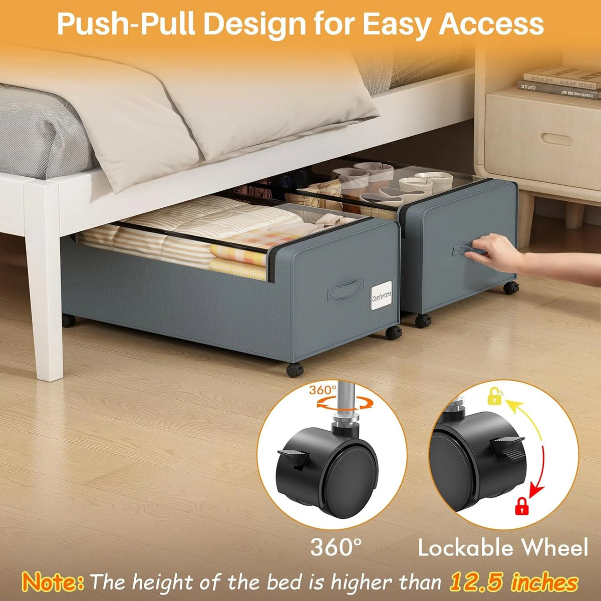 12 inch Under Bed Storage Bins with Clear Lid, Wheels, 2 Pack, Grey, 30.7x17.3x12 C2884