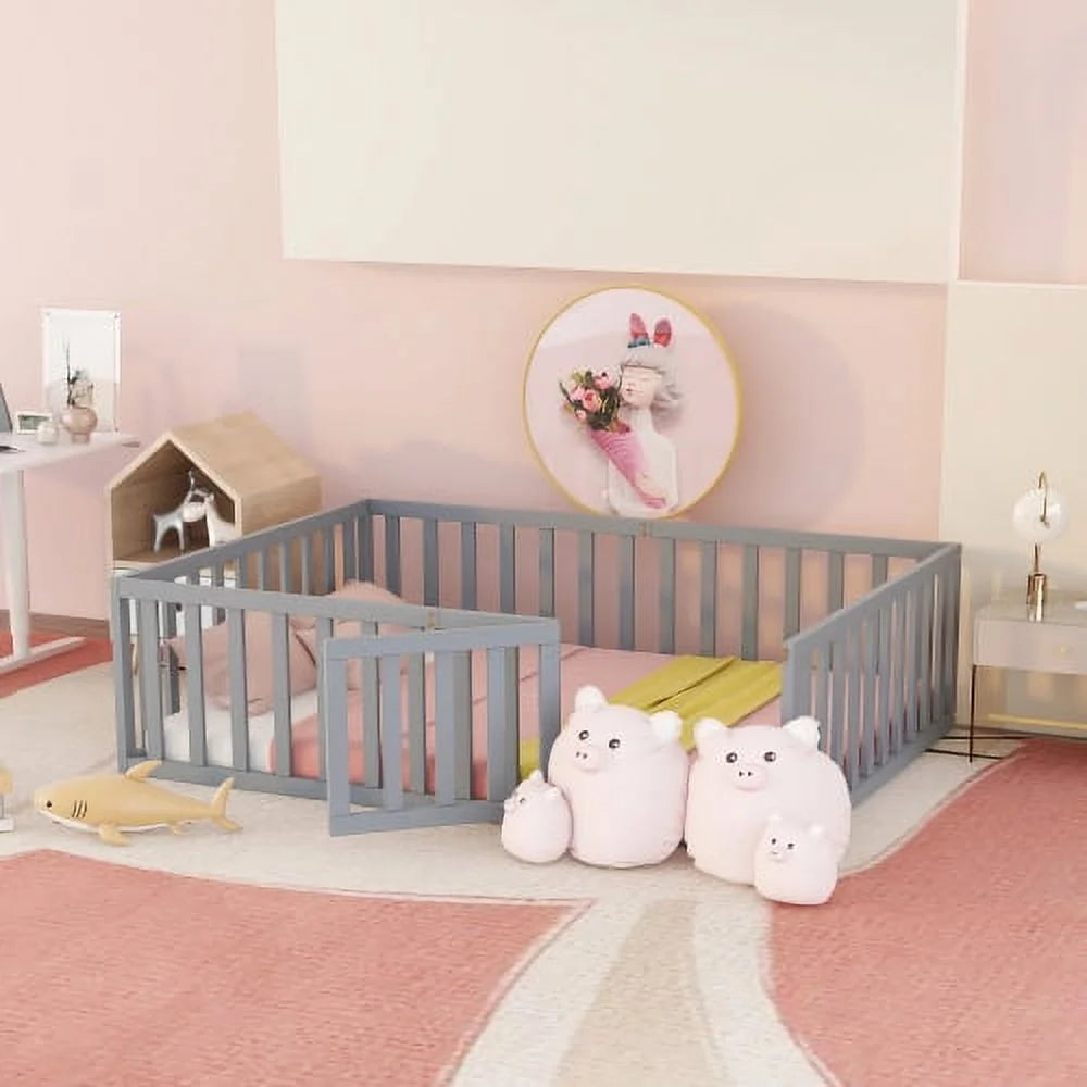 Full Size Wood Floor Bed with Fence Guardrails and Support Slats W137893