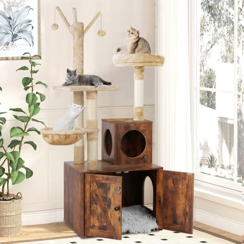 2-in-1 Wooden Cat Tree Tower with Litter Box Enclosure P48294