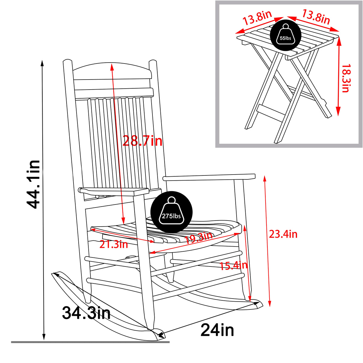Black Wood Rocking Chair Set of 3 with Foldable Table Y58773