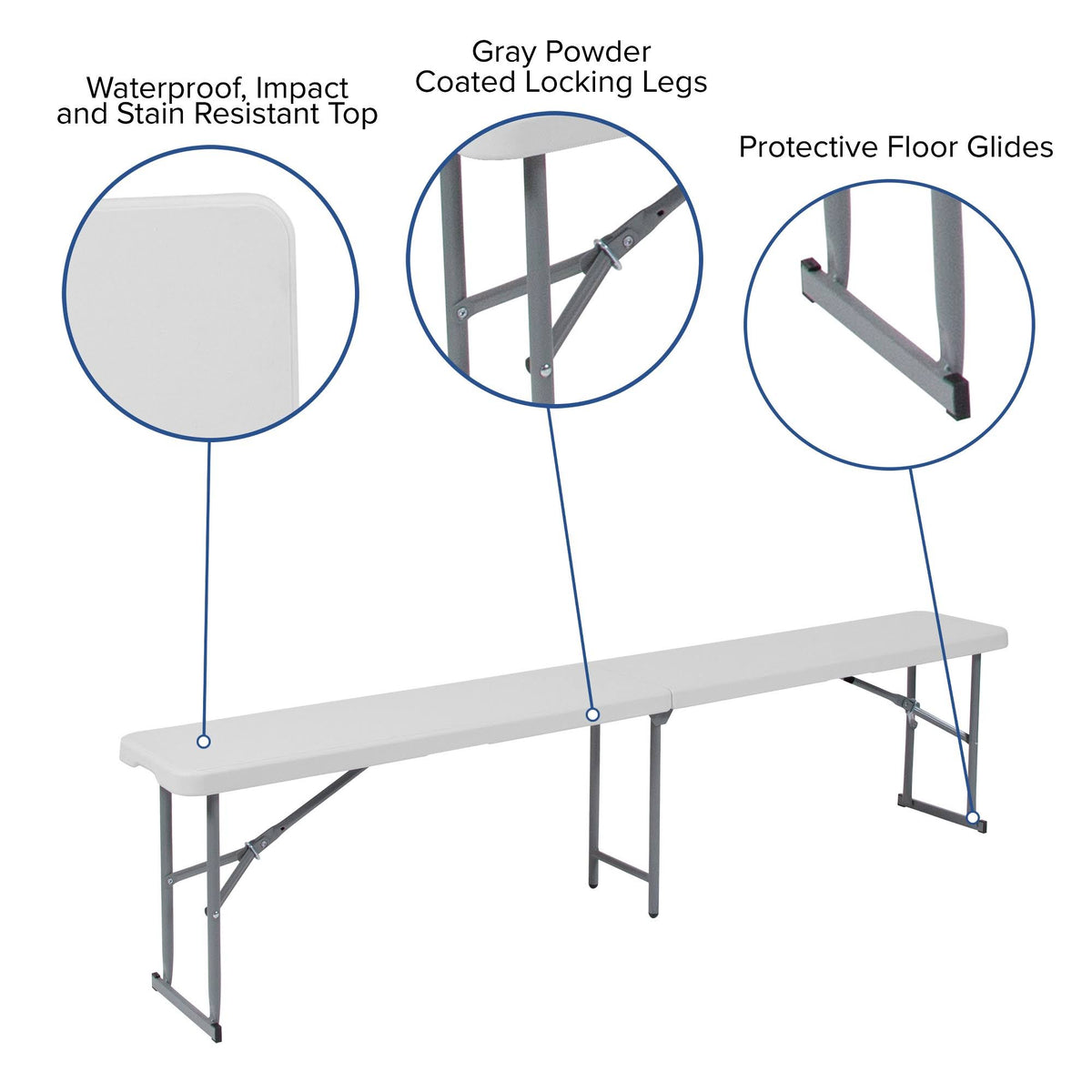 10.25 x 71 Inch Granite White Plastic Bench with Carrying Handle C244