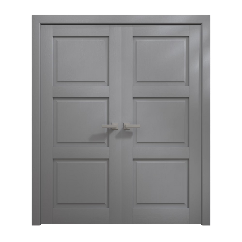 Solid French Double Doors 36 x 80 inches Painted Grey Oak Wood V110028