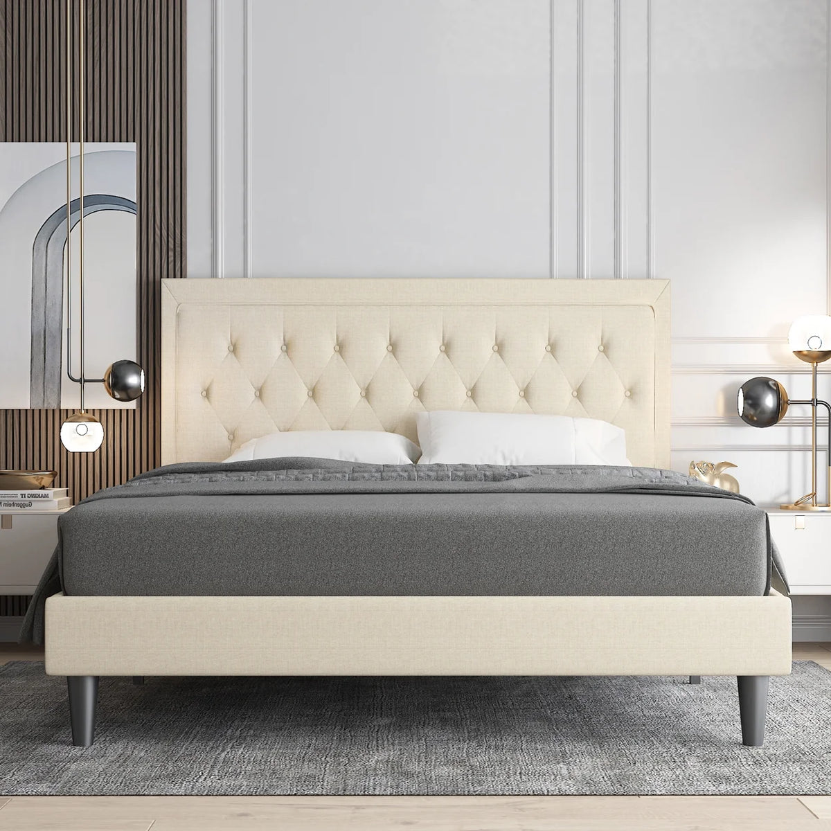 Queen Size Upholstered Platform Bed with Adjustable Headboard H545