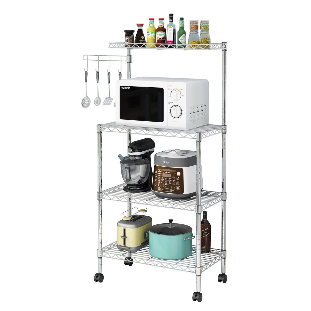 4-Tier Chrome Kitchen Storage Rack with Hanging Hooks E87836